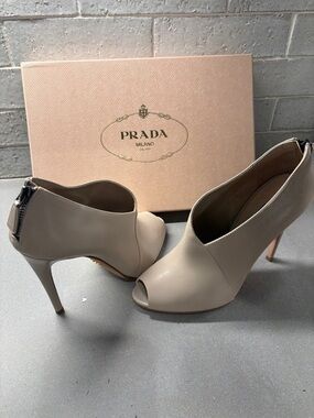 Prada Beige Peep-Toe Leather Stiletto Booties